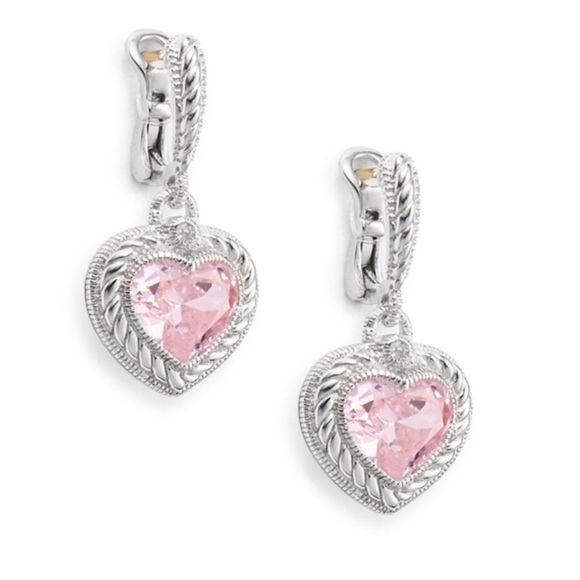 EUC Judith Ripka JR TWO Pink Crystal & White Sapphire Heart Drop Earrings - Picture 11 of 12
